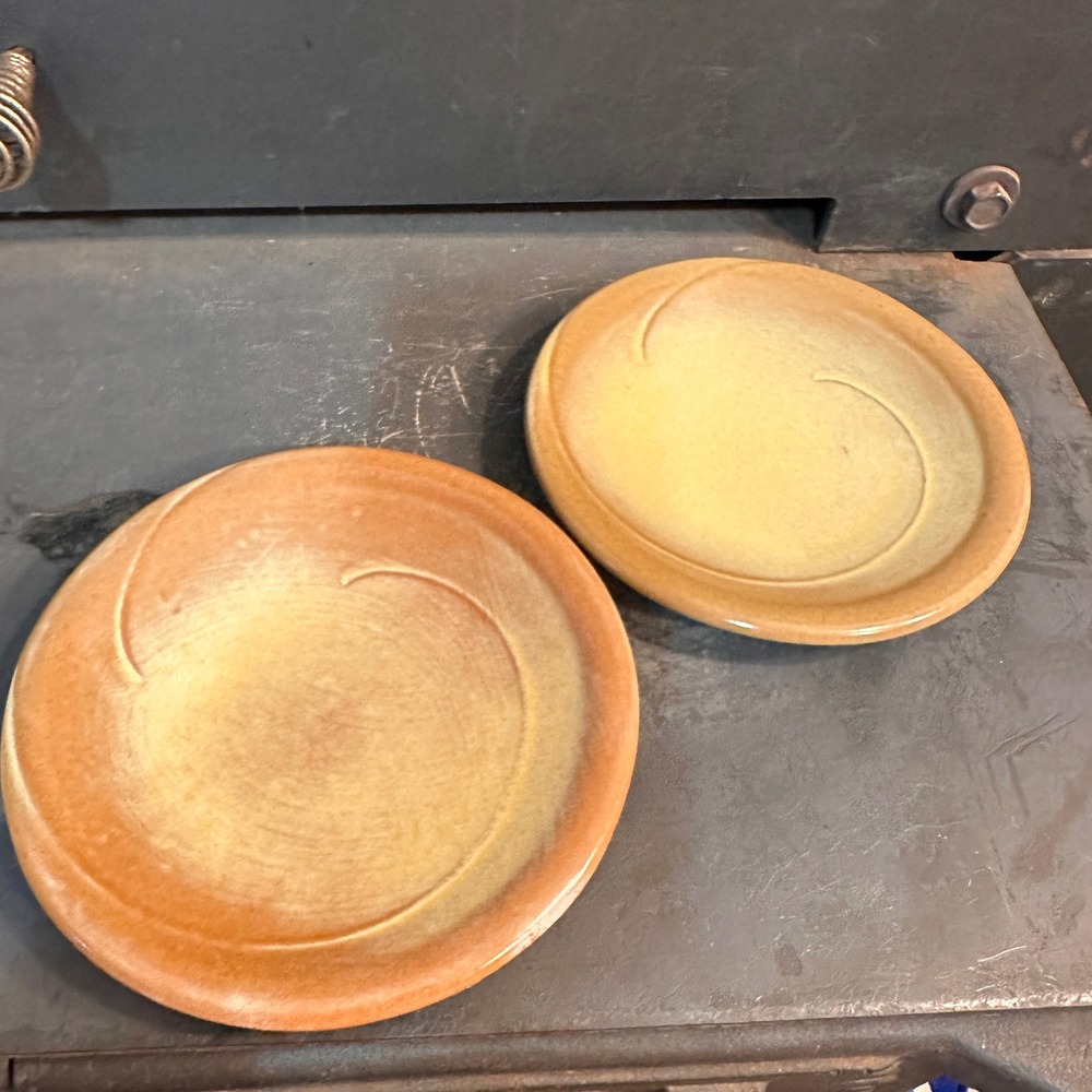 Frankoma Desert Gold Saucers Set of 2 Vtg MCM Brown Stoneware Sapulpa 4E 6in